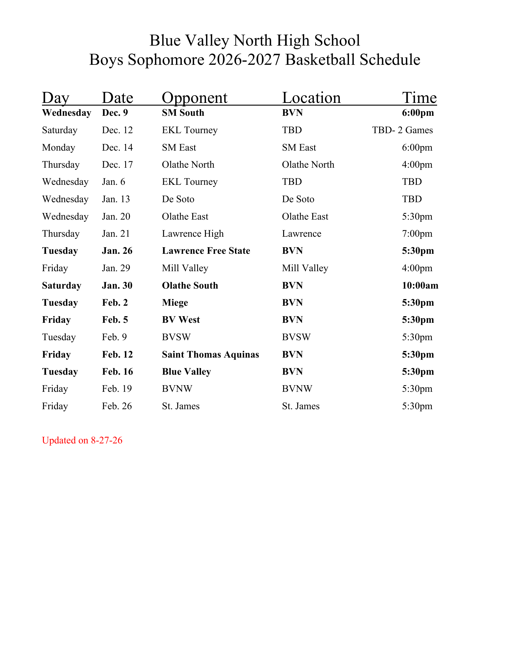 Blue Valley North Boys Basketball 2026-2027 Sophomore Schedule